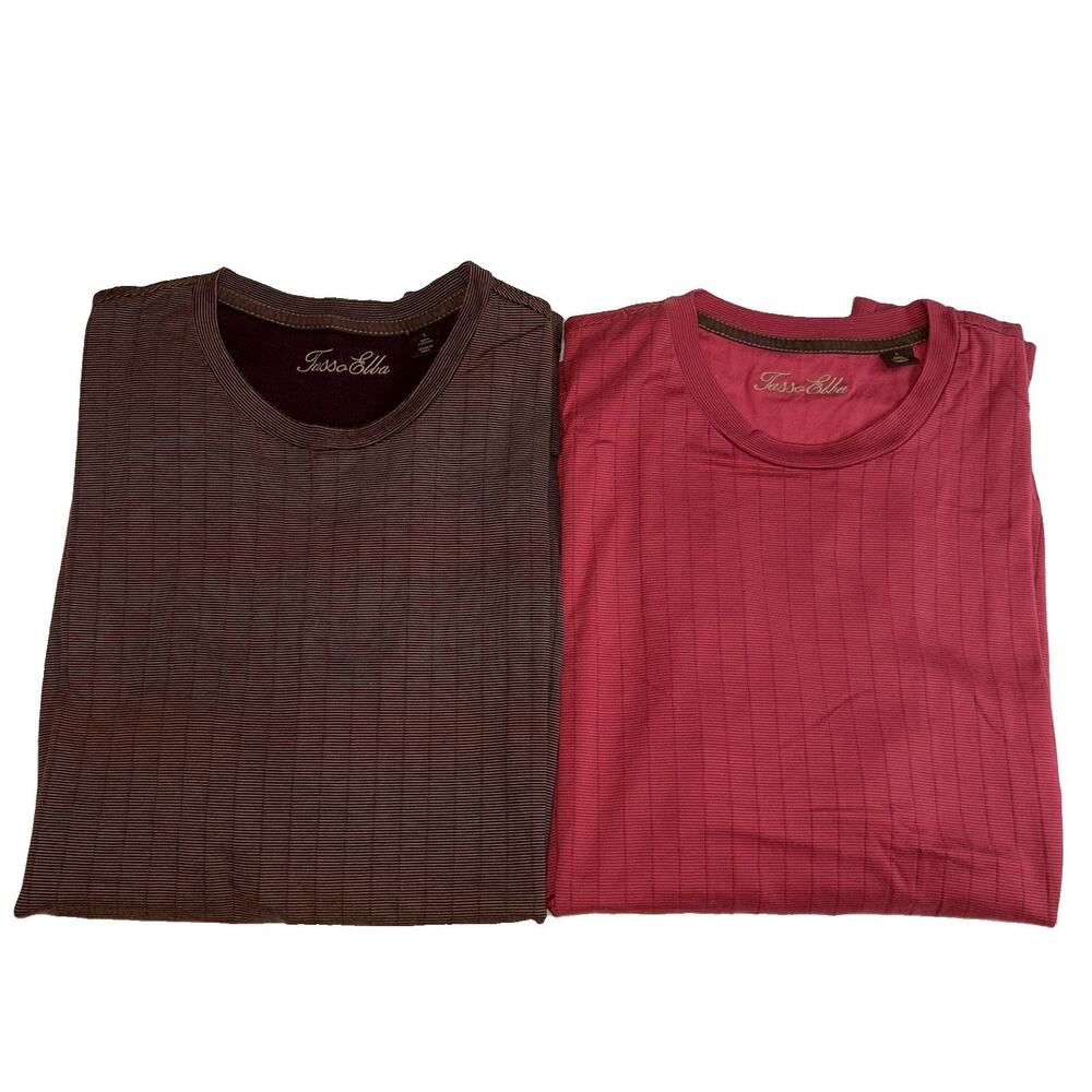 2 Tasso Elba Striped Knit Crew Neck Short Sleeve Men's L T-Shirts Brown & Red